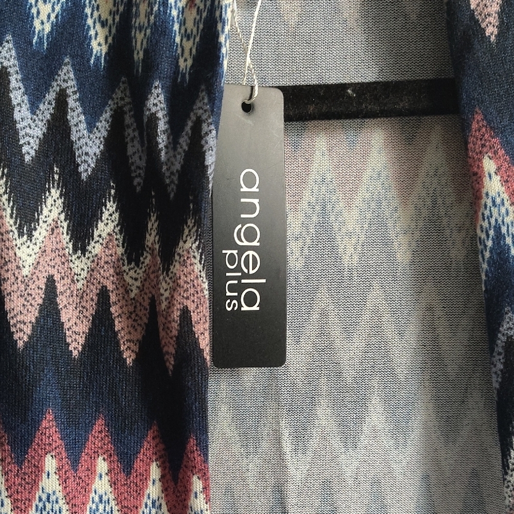Angie Boho Zigzag Cardigan | Navy Multi Open Front Duster Sweater 1X 2X - Picture 4 of 5